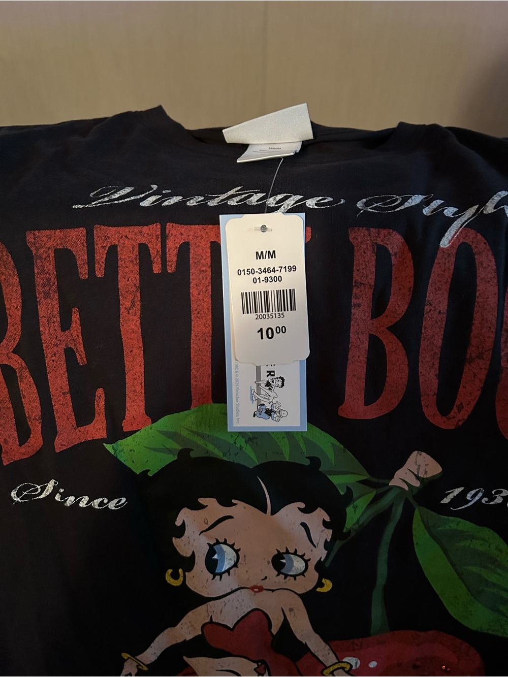 Betty Boop Black Tee with Red & Green Cherry Graphic - Picture 3 of 3